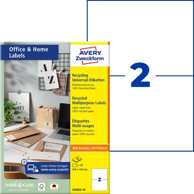 Produktbild von Avery Zweckform LR3655-10, Recycling Etiketten, Home Office, Kleinpackung, A4, 210 x 148 mm, 20 Etiketten / 10 Bögen, naturweiß