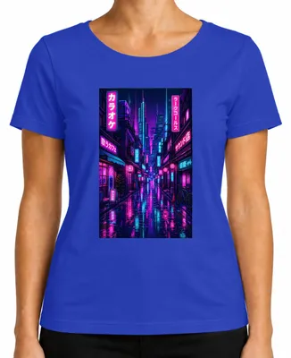 Imagen del producto de Camiseta para mujer con diseño cyberpunk de Tokio, estilo nocturno, neón, motivos japoneses, estética Y2K y vaporwave. Color: azul. Talla: L