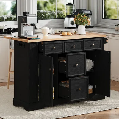 Produktbild von MODFU Ausziehbarer Essbereich Kücheninsel,Küchenschrank mit verstellbaren Einlegeböden und Multifunktionsschubladen,Sideboard mit Steckdosenleisten Schwarz