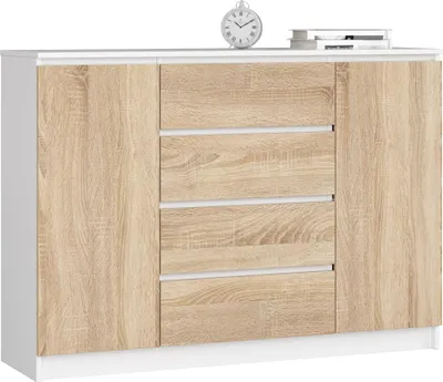 Image de Akord Commode 2 Portes 4 Tiroirs Blanc Chêne Sonoma 138X40X99