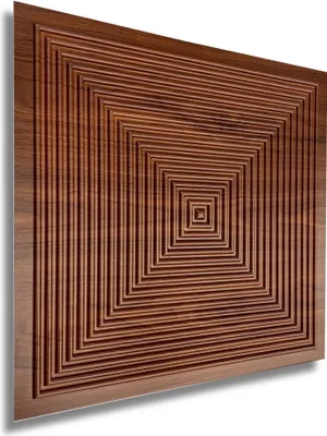 A close-up, angled view of a wooden wall panel with a geometric, concentric square pattern.