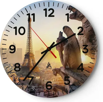 Produktbild von Wanduhr - Rund - Glasuhr - Wasserspeier Turm Eiffel - 30x30cm - Schleichendes Uhrwerk - Lautlos - zum Aufhängen bereit - Dekoration Modern - Wanddekoration aus Glas - C4AR30x30-4633
