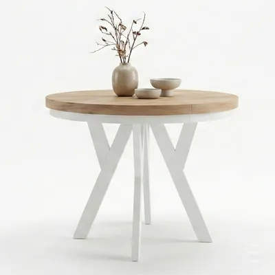 Image de Table ronde à rallonges pour la salle à manger, PERO avec un piètement à anneaux, style loft, scandinave, diamètre : 100 / 150 cm, couleur : chêne Artisan/Blanc
