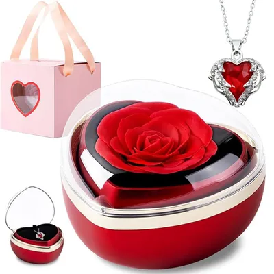 Konservierte Rose mit Herz-Schmuckbox, 1 Stück, rot, Geschenkset