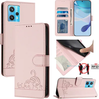 Produktbild von Leder Hülle für Realme 9 4G Süße Katze Flip Case Brieftasche Schutzhülle mit Standfunktion Pink
