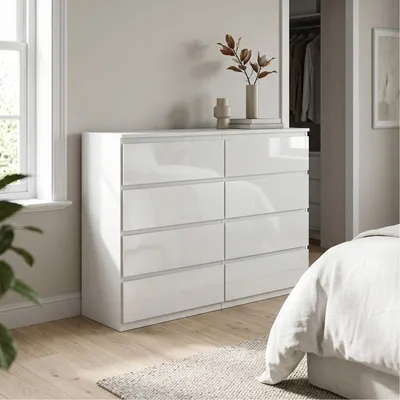 Produktbild von Masseno Kommode NUDO 120 cm Sideboard mit 8 Schubladen und  Türen für Wohnzimmer Schlafzimmer Modern 120x39x101,5 cm Weiß / Weiß