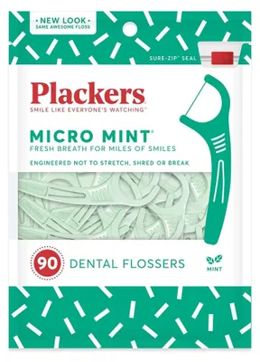 Produktbild von Zahnseidenset, Plackers, Micro Mint, Zahnstocher-Typ, schnell zu reinigen, leicht gleitend, gewachst, faserresistent, 90 Stück.