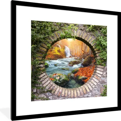 Produktbild von MuchoWow® Gerahmtes Poster Herbst - Wasserfall - Natur - Aussicht 40x40 cm - Poster mit Schwarzem Bilderrahmen Wandposter Rahmen Foto Bilder - Poster - Plakat im Rahmen