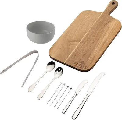 Imagen del producto de Set de aperitivos de 8 piezas, tabla de madera de acacia con cubiertos de acero inoxidable