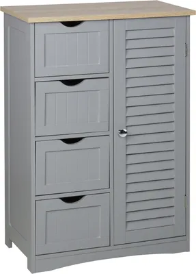 A grey cabinet with louvered doors and drawers, and a light wood top, isolated on a white background.
