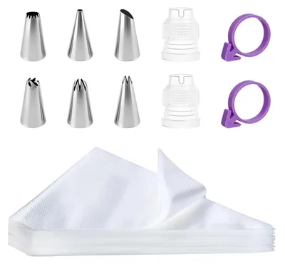 Image de Kit de poche à douille comprenant 110 pièces : 100 douilles jetables et 6 embouts pour gâteaux et pâtisseries