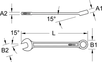 Technical drawing of a wrench with dimensions and angles indicated.