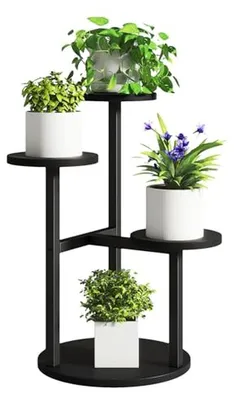 Productafbeelding van IBUYKE 4 Tier Indoor Plant Stand, 52.5cm Tall Metal Wooden Planter Shelf for Multiple Plants, Layered Corner Flower Pot Stand for Living Room, Patio, Balcony Garden, Black TMJ073B