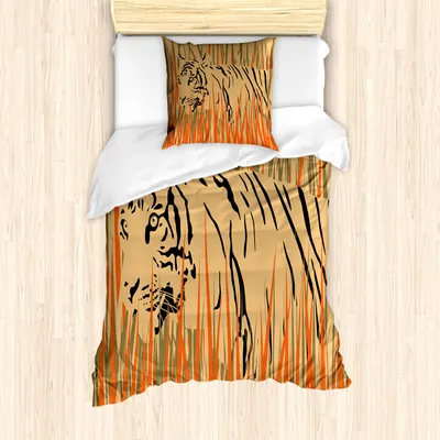 Produktbild von ABAKUHAUS Afrika Mantele, Tiger-Dschungel, Milbensicher Allergiker geeignet mit Kissenbezügen, 135 cm x 200 cm - 80 x 80 cm, Peach orange