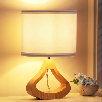 Zdjęcie produktu dla Drewniana lampka nocna EDISHINE, lampa stołowa z lnianym abażurem, biała