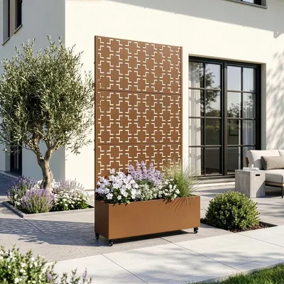 Produktbild von Trennwand ‘Aaskis’ mit Blumenkasten Rollen Stahl 190 x 82 x 38 cm Braun