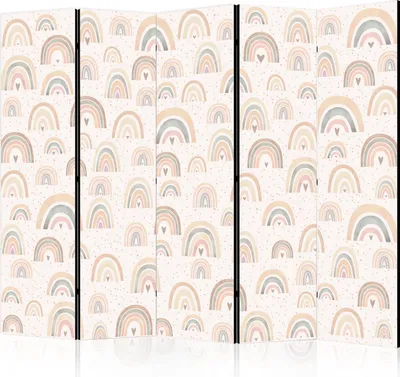 Produktbild von 5-teiliger Einseitiger Vlies Paravent - Spring - Pastel Rainbows on a Rainy Day with Hearts 225x172 cm Für Kinder e-A-10133-z-b