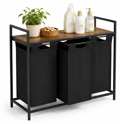 Zdjęcie produktu dla Koszyk na pranie Relaxdays z półką, 3 wyjmowane pojemniki na pranie, każdy o pojemności 40 litrów, wykonany z tkaniny, wymiary: 73 x 92,5 x 33 cm, kolor: brązowy/czarny, Obraz wygenerowany przez AI