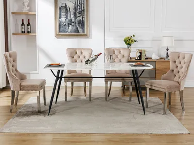 Image de Chaise de salle à manger Fortuna Lai (chaise de cuisine, chaise de salon avec heurtoir unique à l'arrière, 4 pièces), chaise rembourrée avec garniture à clous, pieds d'appui en métal, revêtement en velours, beige