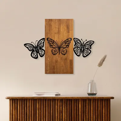 Image de Wallity, Butterflies 2, Accessoire mural décoratif en bois, 100 % BOIS / MÉTAL, noyer, 74 x 58 cm