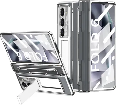 Obrázek produktu pro Pouzdro na Samsung Galaxy Z Fold 6 ochrana pantu s ochranou displeje a objektivu, průhledné galvanizované pouzdro se stojánkem Stříbro