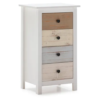 A white nightstand with four drawers of varying distressed wood colors.