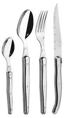 A set of four stainless steel cutlery pieces arranged side-by-side on a white background.