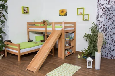 Produktbild von Doppelstockbett L-Form  90 x 200 cm | Buche massiv | natur lackiert | mit Regal und Rutsche | inkl. Rollrost | teilbar