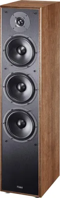 A tall, slim floor-standing speaker with a wooden veneer cabinet and a black front baffle containing a tweeter and three drivers.
