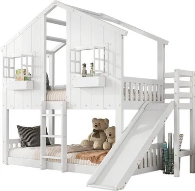 Produktbild von Kinderstapelbett - Holzkinderschrankbett - mit Rutsche - Kinderbett mit Dachfenstern - sichere Armlehnen, mit Leiter, Spielbett Design - Eichenholz und MDF - 247×158×217,5 cm - für Kinderzimmer - Weiss, Natur