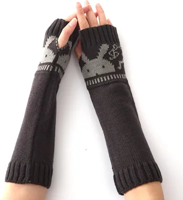 Produktbild von Damen Winter Fingerlose Handschuhe Strick Armwärmer Daumenloch Fäustlinge mit Kaninchenmuster