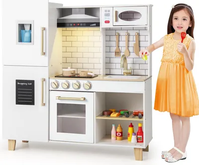 Immagine prodotto di Cucina per bambini COSTWAY con accessori, cucina per bambini con gelatiera, cappa aspirante, lavagna, griglia e forno, cucina gioco con luci e suoni per bambini dai 3 anni in su