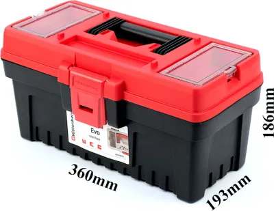 Produktbild von Kistenberg, Werkzeugkasten EVO, Schwarz-Rot, 36x18.6x19.3cm, Polymermischung, Tragegriff, 2 Organizer, herausnehmbare Werkzeugablage, Werkzeugtafel, Binner Board Montageschiene, robuste ABS-Klemmverschlüsse