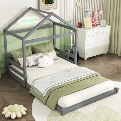 A child's bedroom with a house-shaped bed, dresser, and stuffed animals.