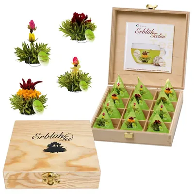 Produktbild von Creano Teelini Teeblumen im Tassenformat, Geschenkset in Teekiste, 12 ErblühTeelini in 4 Sorten, Grüner Tee
