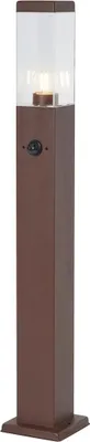 A modern outdoor lamp with a brown base and a clear glass top.