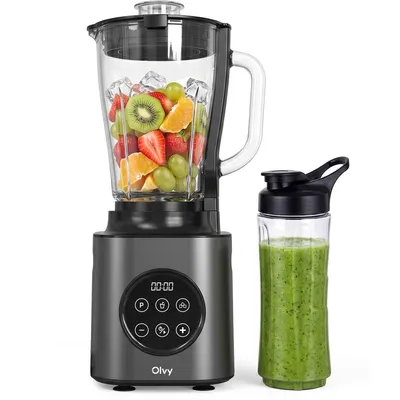 Productafbeelding van Olvy staafmixer, 1000W, met 1,5 liter glazen kan en 600 ml Tritan-beker, 9 standen, pulsefunctie, ijsvermaal functie, smoothie- en milkshakefunctie