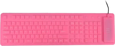 A pink silicone keyboard is shown against a white background.