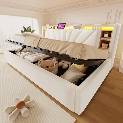 Productafbeelding van Merax gestoffeerd bed 180x200 cm met LED-verlichting, hydraulisch bed met opbergruimte en verstelbaar hoofdeinde, met stopcontact en opbergvak, tweepersoonsbed van fluweelstof, beige