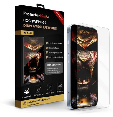 A product box for a screen protector is shown next to a smartphone with a screen protector applied.