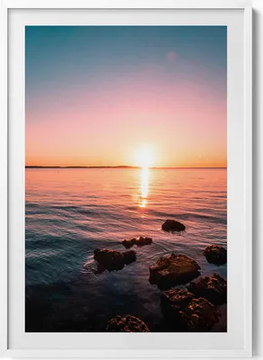 Produktbild von Felsen bei Sonnenuntergang– Wandbild mit Rahmen – Gerahmtes Bild  – Wanddekoration – 70x100 cm –  Weiß Rahmen