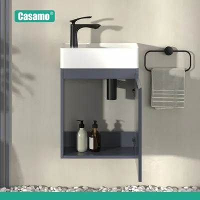 Produktbild von Gäste-WC Waschbecken mit Unterschrank – 46 cm breites Badmöbelset, Keramik Waschtisch in Anthrazit, Soft-Close, Waschbecken für linke Hand