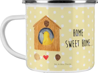 Produktbild von Mr. & Mrs. Panda Haferl Vogelhaus Home - Gelb Pastell - Geschenk, Emaille Tasse, Sweet, Pott, Teebecher, Lustige Sprüche, Teetasse, Vogel, Hausbau, Umzug, Becher, Haus