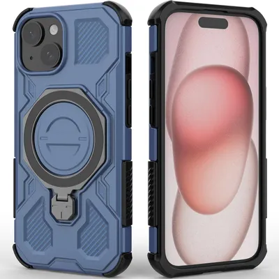 Immagine prodotto di Cover resistente per iPhone 15, custodia robusta con supporto ad anello, supporto magnetico e supporto Blu