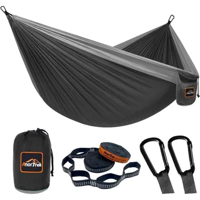 Productafbeelding van Camping hangmat, parachute nylon, 280 x 140 cm, zwart en grijs, met boomriemen en karabiners