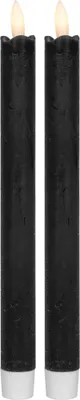 Two black LED taper candles with yellow flames are shown side-by-side against a white background.