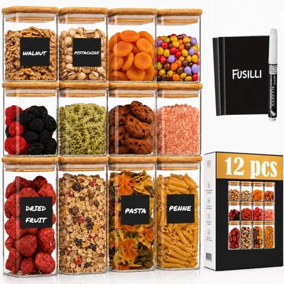 Produktbild von Vorratsgläser Vorratsdosen Vorratsbehälter - Set mit 12 Stück - Glas mit Bambusdeckel - Luftdicht - Mit Etiketten und Kreidestift