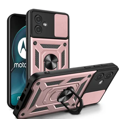 Two rose gold and black phone cases are displayed against a white background. One case is upright, showing its camera cover and ring holder. The other case is lying on its side, also displaying its features.