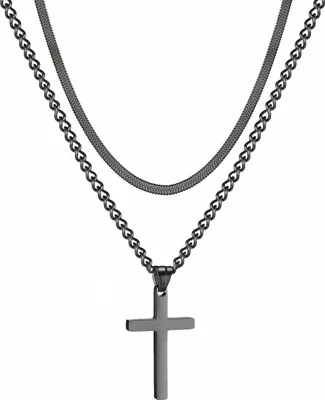Produktbild von Herren Kreuzkette Edelstahl Schwarz Silber Gold Layered Schlangenkette Kubanische Anhänger