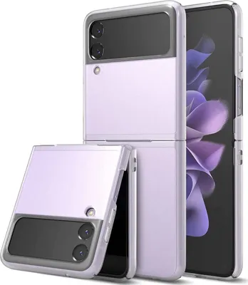 A light purple flip phone case is shown in two configurations: one closed and one partially open, with a second phone case in the background.
